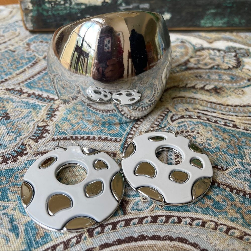 Modernist Wide Chrome Finish Cuff Bracelet Coordinating Earrings Vintage